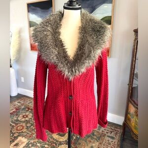 Cache Red Knit Cardigan with Faux Fur Collar